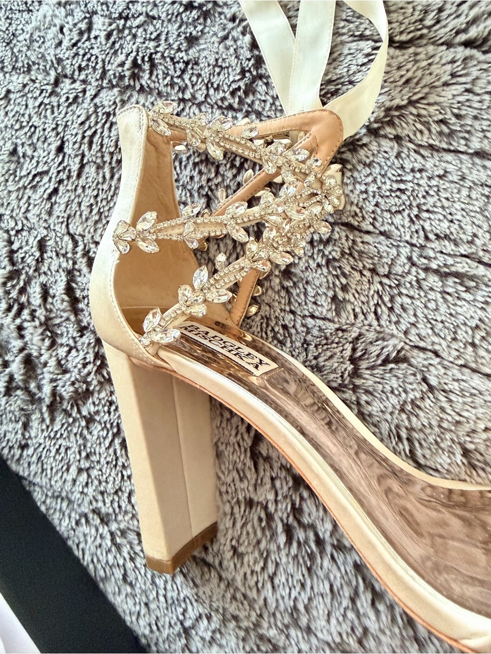 Badgley Mischka Ivory Satin Crystal-Ankle Tie Block Heels - Picture 7 of 11